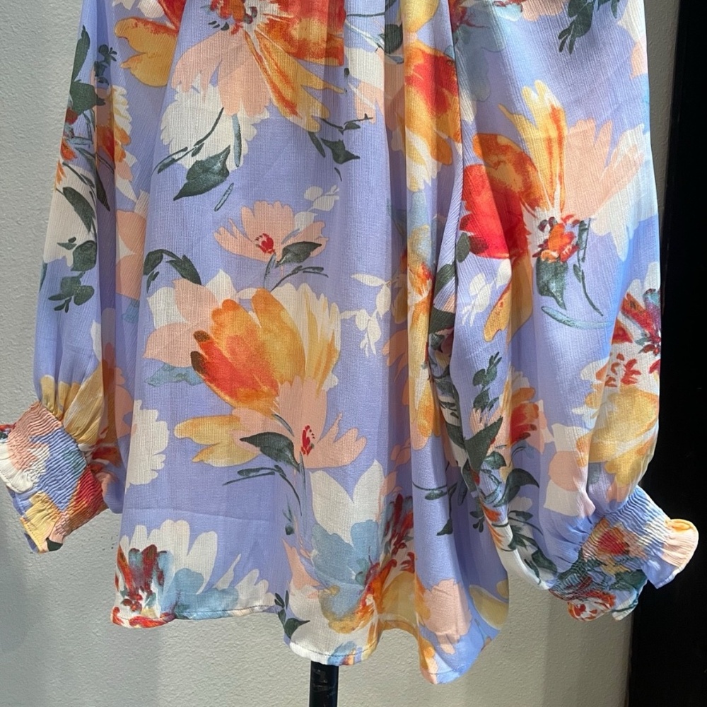 easel Floral Button-Front Blouse in Lavender, Yellow, Orange - Picture 11 of 11